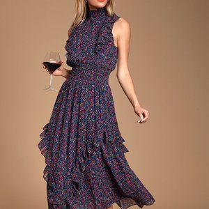 Cute Lulus Navy Blue Floral Print Mock Neck Midi Dress, sizes XS & S